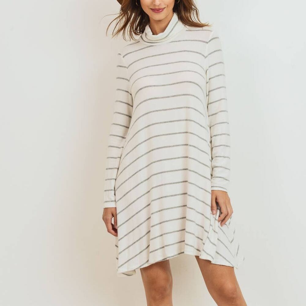 Soft Brushed Striped Mock Neck Long Sleeve Tunic Dress USA Made NEW Womens Med